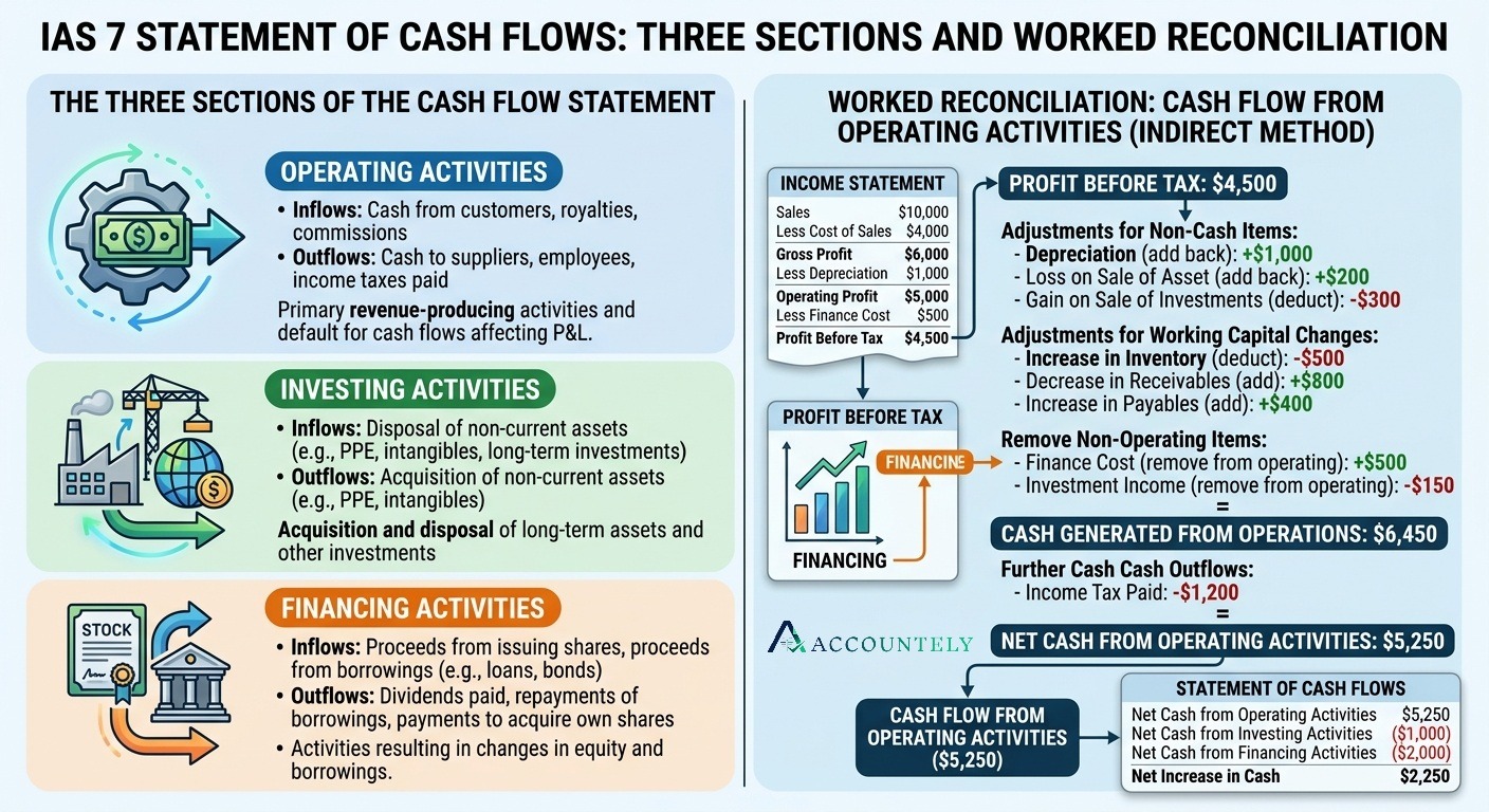 IAS 7 statement of cash flows infographic showing operating, investing, and financing activities with a worked indirect method reconciliation.