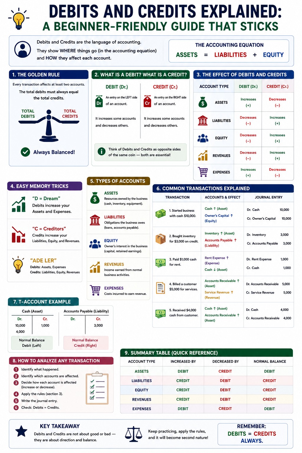 Beginner-friendly infographic explaining debits and credits, the golden rule, and how they affect assets, liabilities, and equity.