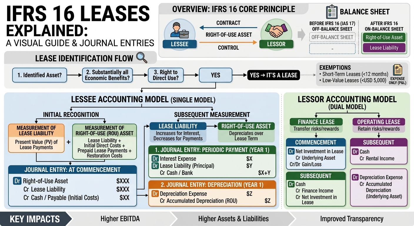 IFRS 16 leases infographic showing lessee and lessor accounting models with right-of-use asset and lease liability journal entries.