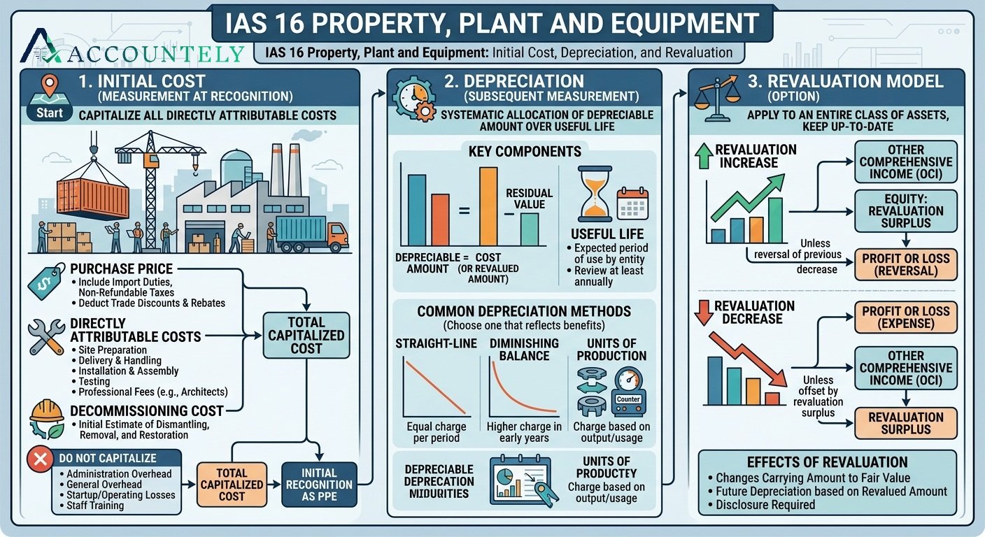IAS 16 property, plant and equipment: initial cost, depreciation methods, and revaluation model explained — IFRS accounting guide