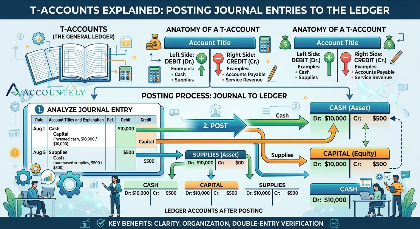 T-accounts infographic showing debit and credit sides and the process of posting journal entries to the general ledger.