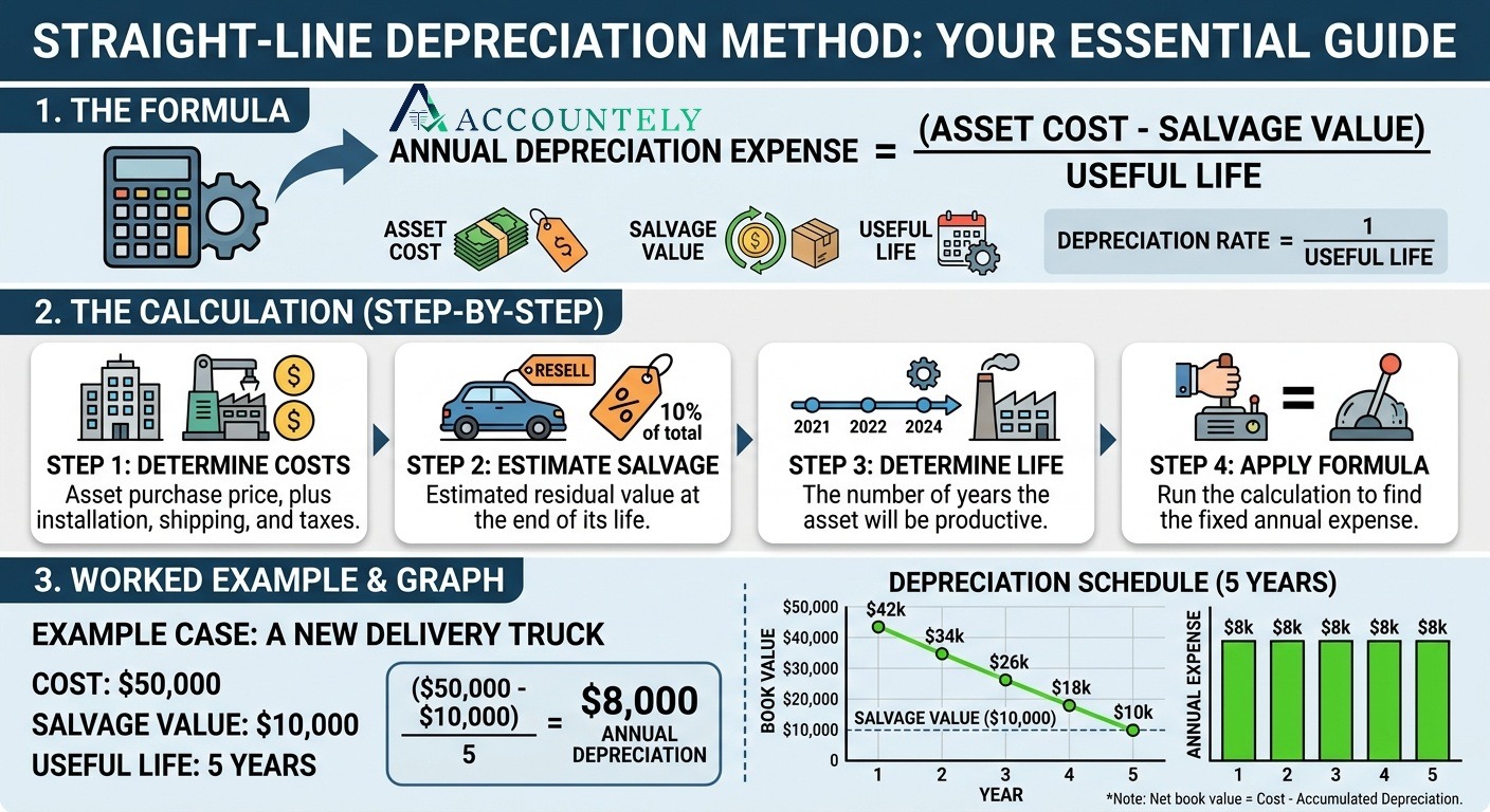 Straight-line depreciation method infographic with formula, step-by-step calculation, and a worked delivery truck example.