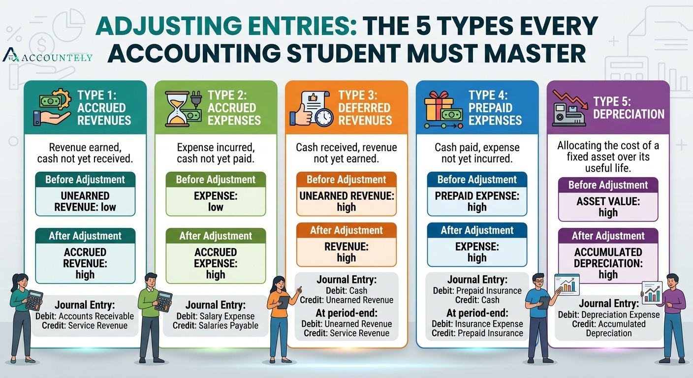 Infographic explaining the 5 types of adjusting entries in accounting: accrued revenues, accrued expenses, deferred revenues, prepaid expenses, and depreciation.